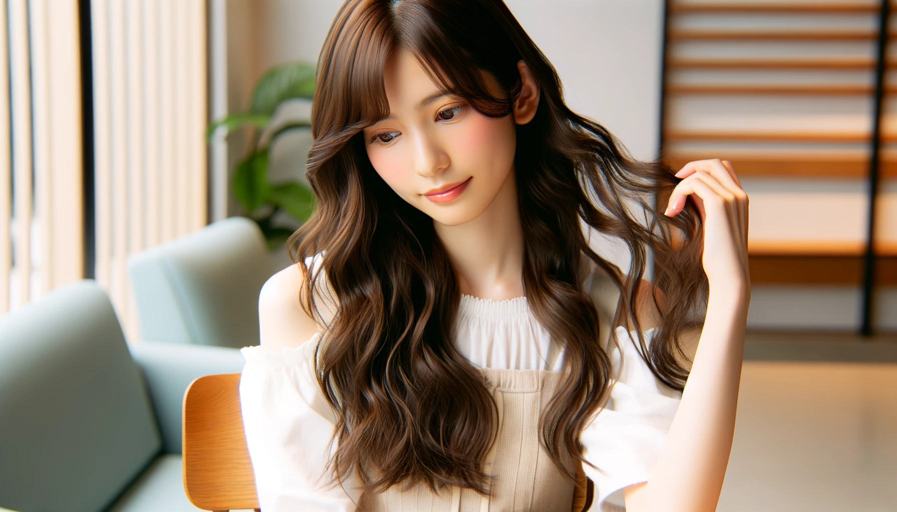 ヘアアイロンを見る女性