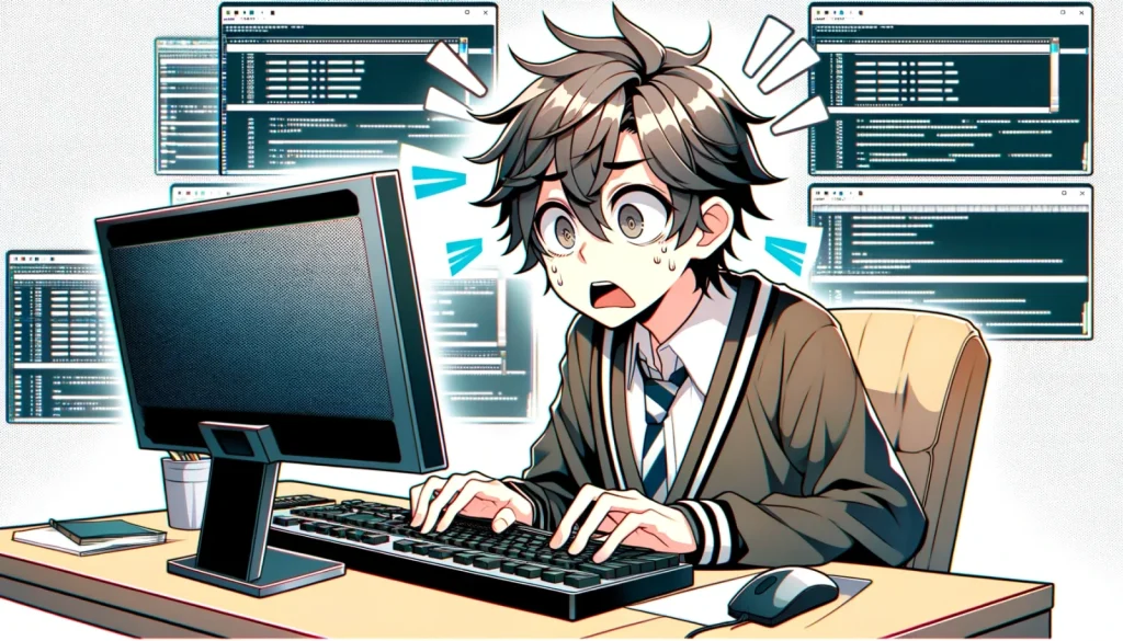 パソコンを急いで入力する男の子
